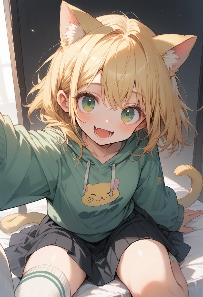  blonde, yellow cat ears, Green eyes, big white sweatshirt, black skirt with yellow details, big white sock, (()), (( of anime)) * looks genuinely happy at the camera, bottom to top angle*