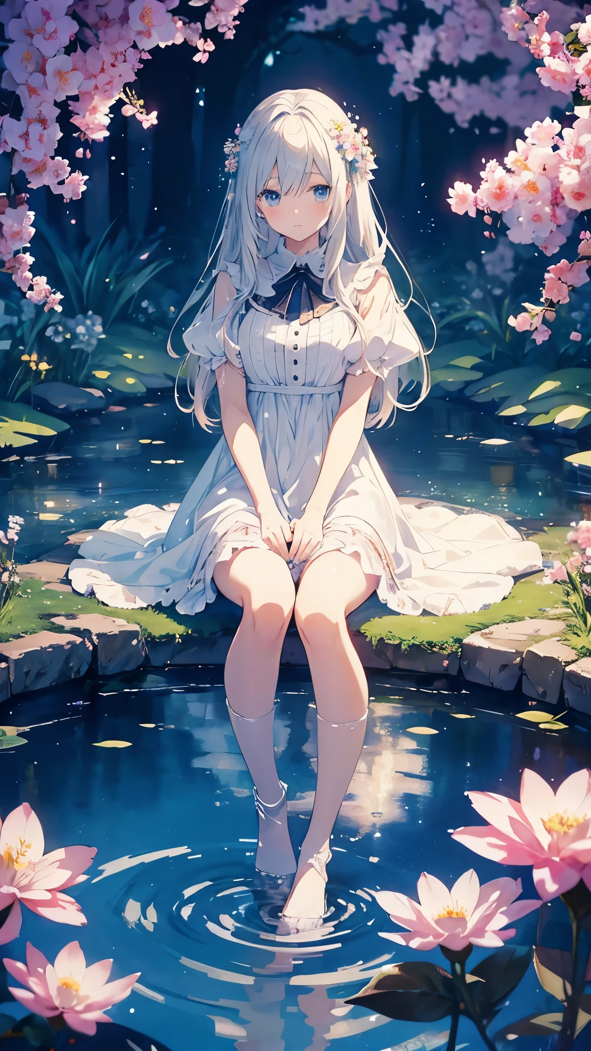 1girl, solo, full body, rural landscape, village, trees, sun, water stream, clouds, fantasy, silver hair, long hair, huge breasts, white dress, short dress, silver high heels, cleavage 1:3, elegant white hat, brown eyes, smile, looking at the viewer, sitting on a stone