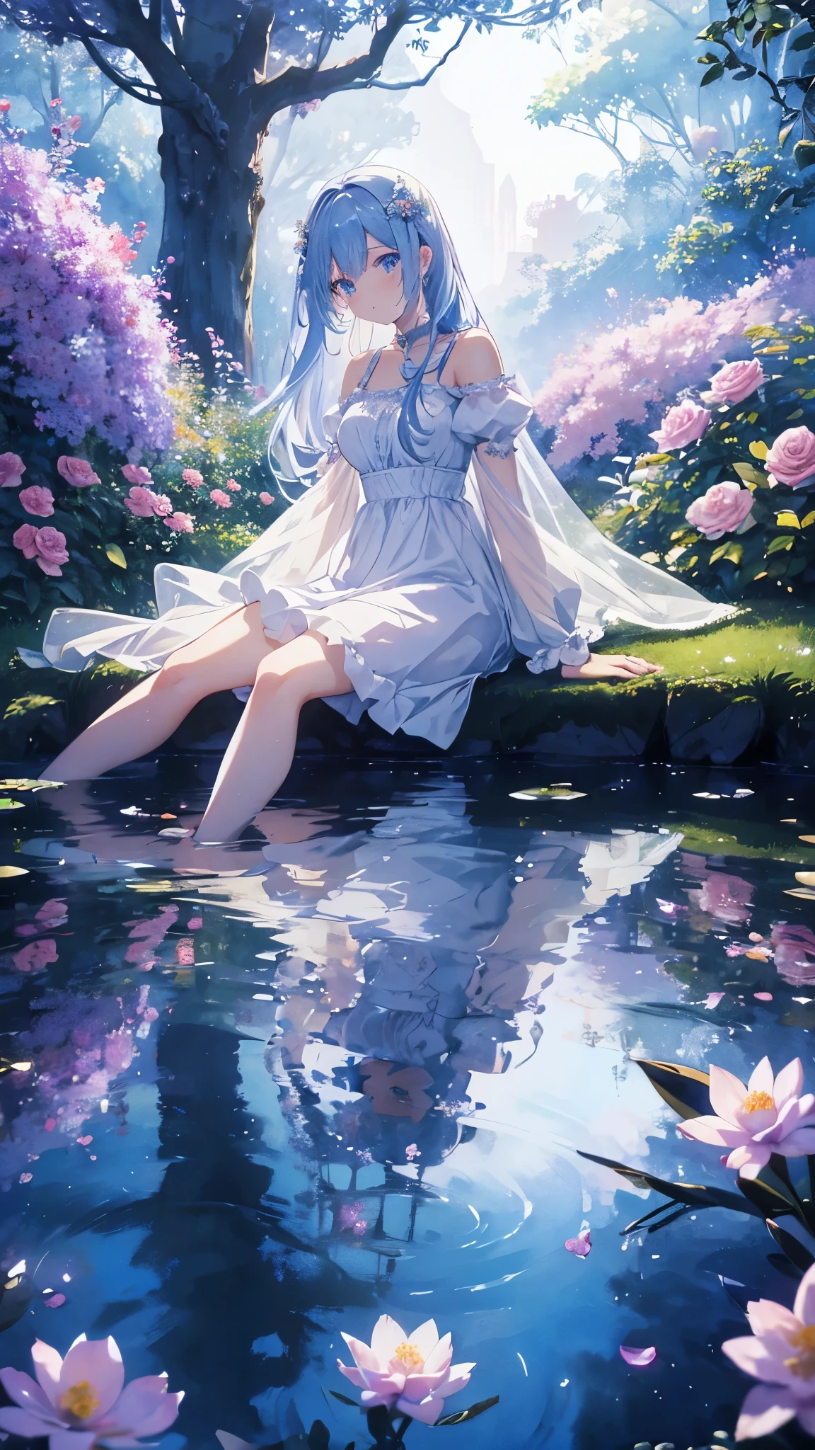 ((best quality)), ((masterpiece)), ((ultra-detailed)), (illustration), (detailed light), (an extremely delicate and beautiful), ((trim)), incredibly_absurdres, (ray tracing), (reflection light), ((Movie Poster)), (signature:1.3), (English text:1.3), BREAK (8k:1.3), Wallpaper, 1girl, (girl middle of flower:1.4), (pure skyblue hair, red eyes:1.5), clear sky, outside, ultra-detailed, best quality, extreme quality, Masterpiece, beautiful, pretty, sitting on the ground, (absurdly long hair, clear boundaries of the cloth:1.4), (pure white dress, pure white silk cloth:1.5), (ground of flowers, thousand of flowers, colorful flowers, flowers around her, various flowers:1.51), young, stunning, attractive, sundress, fantastic scenery, pure white shoes