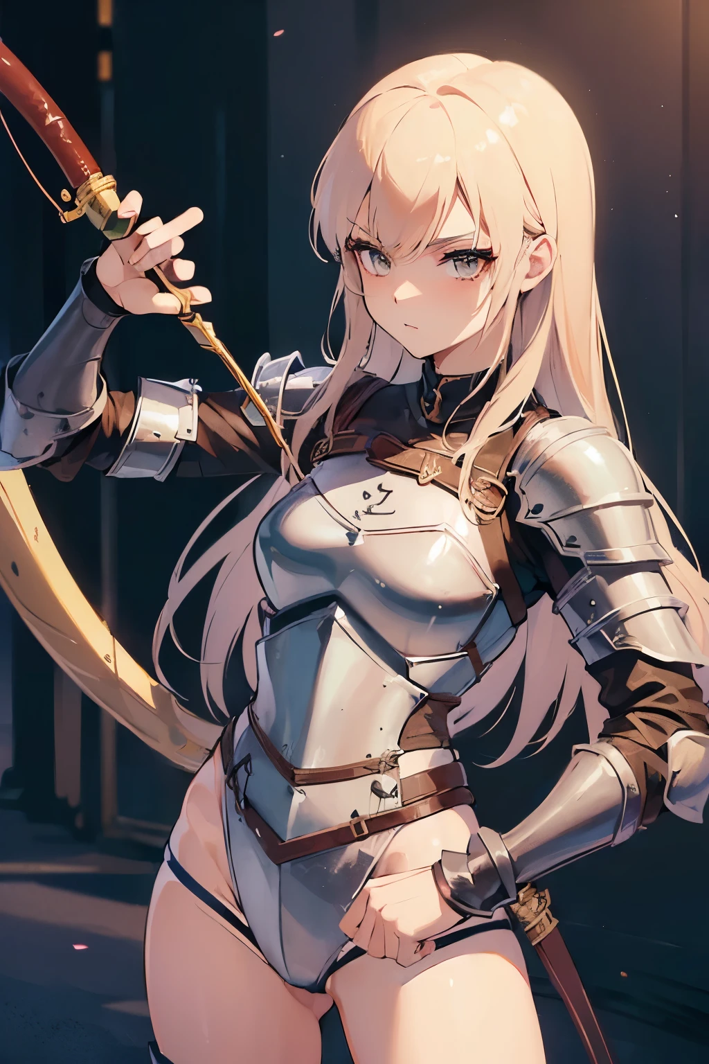 (((Female Archer)))、(((Wears a small amount of leather armor)))、Holding up a magic wand、 Best Quality, masterpiece, Ultra-high resolution、(Mid-length hair)、middle ages、Sexy pose、((Exposed Skasy)、Ready your bow、((Oily skin))、whole body、Taking aim