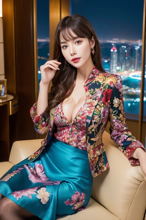 ((Full Body Portrait))、Blazer jacket、(Colorful)、Silk blouse、(Floral print midi skirt:1.3)、(Silk Pantyhose)、High heels、1 girl、Super delicate face、Ultra-detailed eyes and face、double eyelid、Glossy Red Lips、(Two well-balanced legs)、(Perfect body、Perfect hands)、((Perfect Anatomy, Anatomically correct))、Cleavage、(She is sitting in a suite at a luxury hotel in Dubai.、From the large windows you can enjoy the blue sea and the beautiful night view of Dubai.)、Highly detailed scenery、Professional Lighting、((Best Quality、Ultra-high resolution、masterpiece))、(Ultra-realistic、RAW Photos)