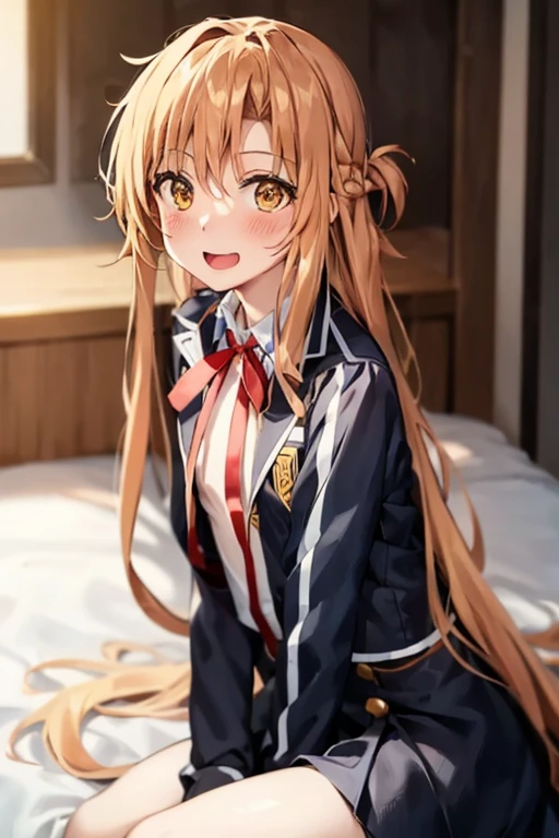 ((Best Quality)), ((masterpiece)), (be familiar with), Perfect Face, indoor, bedroom, Watching the audience,
One woman, Yuuki Asuna,
Open Mouth, Ecstatic expression, blush, smile,
Small breasts, Flat Chest, , , child, Girl,
Long Hair, Long Hair,
Leg spread,