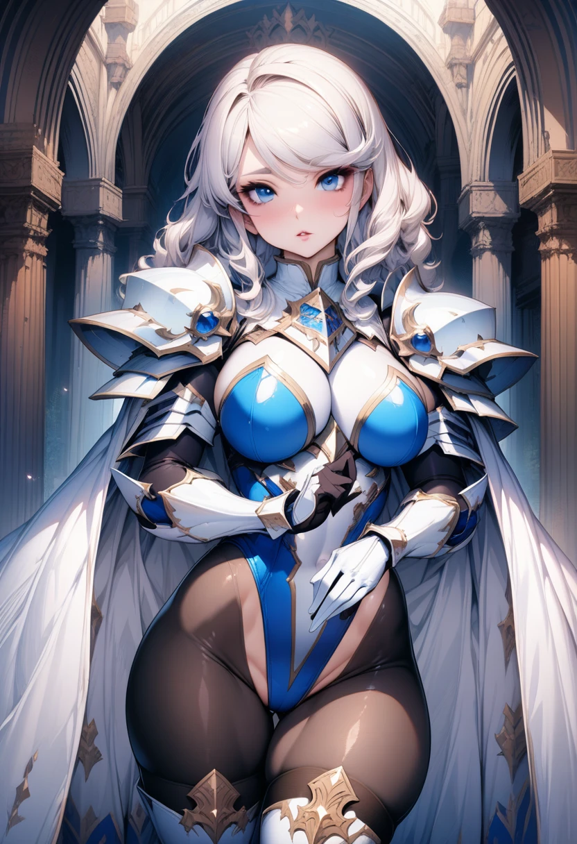 ((highest quality)),((masterpiece)),((Fantasy art)),(detailed background),1girl,((thicc)),Alluring,perfect face,((makeup)),((skindantation)), ((white paladin pauldrons leotard:1.4)),((tight size leotard armor)),((stockings zentai bodysuit:1.3)),((long gauntlet gloves)),((black pantyhose:1.3)),white glossy hair wavy hair,((swept bangs:1.3)),((white leather thigh high boots: 1.2)),(high leg groin: 1.3),(armored elbow gloves),large breasts, blue beautiful eyes,Perfect hands,perfect fingers,(cameltoe:0.8),noble heraldic cloak,tachi-e,palace corridors,courtyards, shy, stylish pose, parted lips