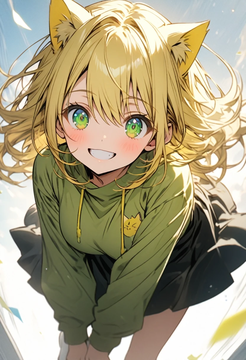  blonde, yellow cat ears, Green eyes, big white sweatshirt, black skirt with yellow details, big white sock, (()), (( of anime)) * looks genuinely happy at the camera, bottom to top angle*