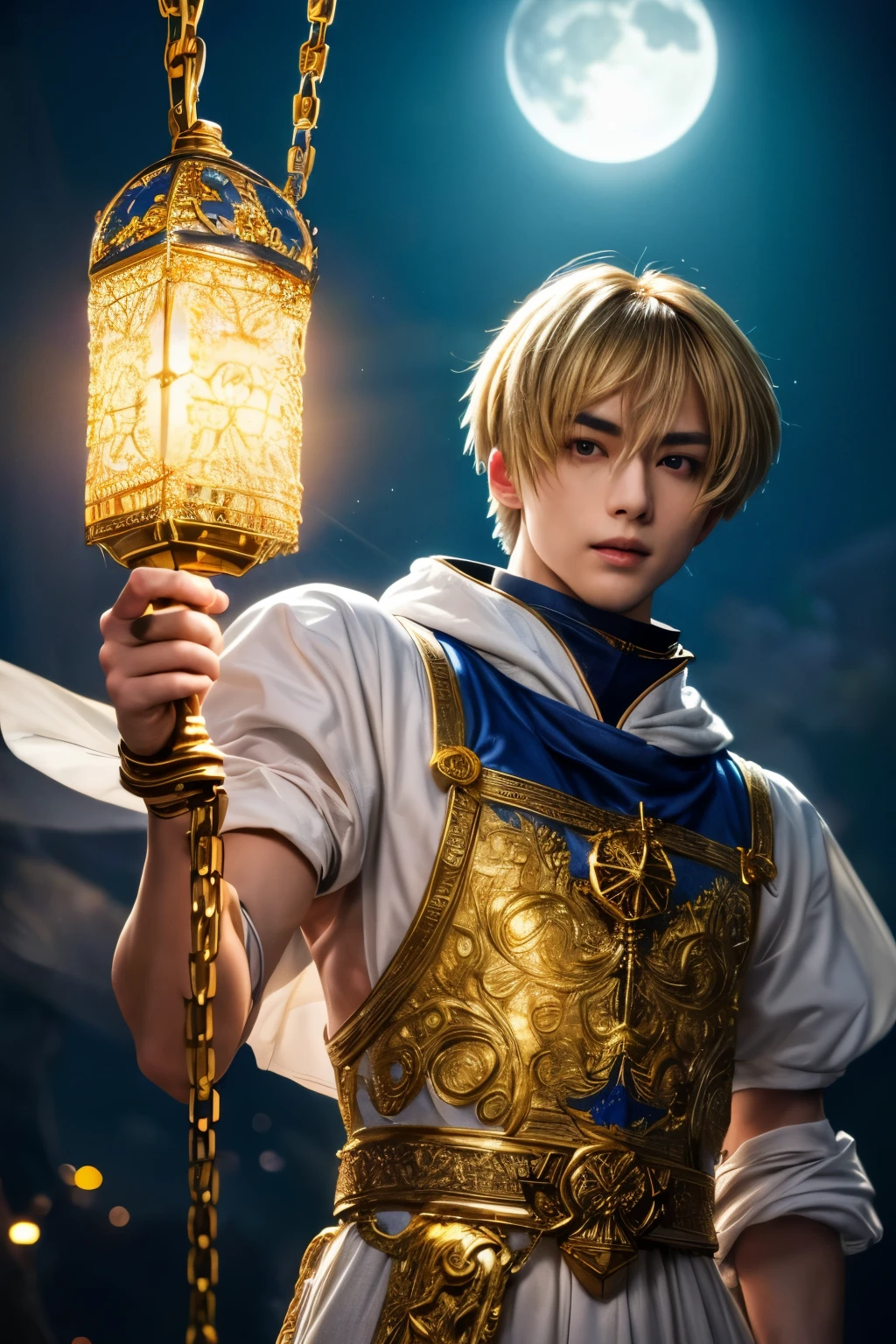 1boy, masterpiece, realistic, absurdres, best quality, high resolution, (Kurapika:1.3), japanese boy, very handsome, perfect face, cute face, intricate detail, clear and beautiful detailed eyes, messy blonde short hair, shiny hair, bangs, blue tabard, white shirt, gold trim, holdig a chain, chains flying, slim muscular, handsome muscle, detailed skin, perfect hand, good anatomy, looking at camera, action scene, dynamic pose, fantasy, night, tree, Moonlight at night, wilderness, flowers, skynight, studio lighting, soft light, upper body portrait, front view, Professional photography, 8K UHD,