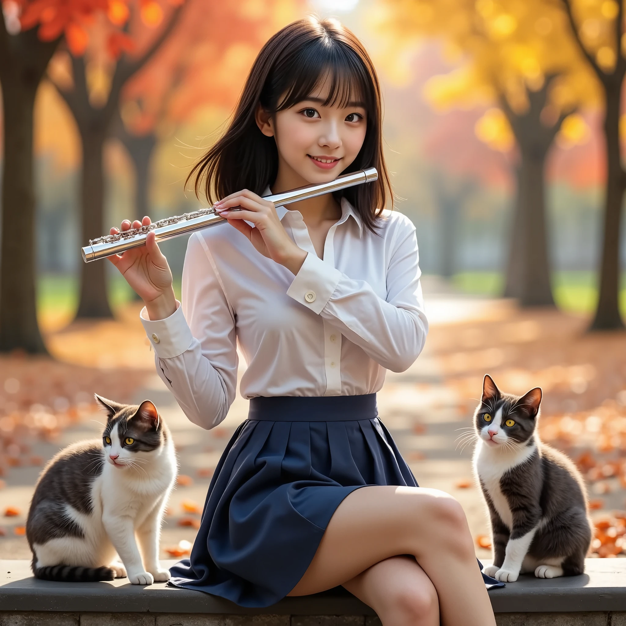 (masterpiece, Best Quality, Ultra-realistic:1.2), One Girl, Playing the flute in a beautiful autumn park, 18 years old,   Beauty, Beautiful slim figure, (Super cute idol-like face), Large eyes with double eyelids,  (Stray cats１Listen to her play), Perfect Face, Perfect Face, Perfect eyes with perfect symmetry, Very detailed, Genuine, High resolution, Happy expression, Beautiful breasts, Brown eyes,　(White shirt, Sailor school uniform, Navy blue pleated skirt:1.2), Beautiful legs,  smile, Black Hair、Slightly longer bob hair, With bangs, (Beautiful red and yellow leaves sparkle and fall in the sunlight.、Beautiful autumn leaves in the park),