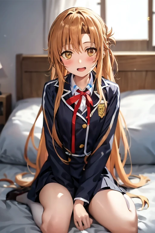 ((Best Quality)), ((masterpiece)), (be familiar with), Perfect Face, indoor, bedroom, Watching the audience,
One woman, Yuuki Asuna,
Open Mouth, Ecstatic expression, blush, smile,
Small breasts, Flat Chest, , , child, Girl,
Long Hair, Long Hair,
Leg spread,