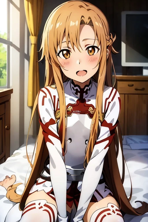 ((Best Quality)), ((masterpiece)), (be familiar with), Perfect Face, indoor, bedroom, Watching the audience,
One woman, Yuuki Asuna,
Open Mouth, Ecstatic expression, blush, smile,
Small breasts, Flat Chest, , , child, Girl,
Long Hair, Long Hair,
Leg spread,