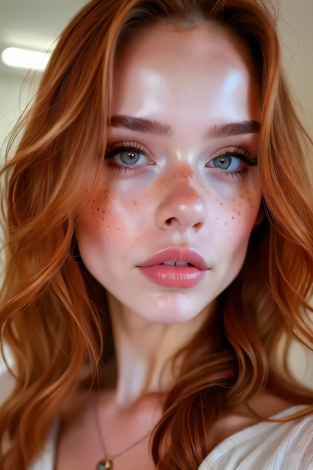 ((close-up face)), ((best quality)), ((masterpiece)), (detailed), perfect face realistic photo of beautiful woman with long ginger hair, Russian, influencer, light freckles, dark brown eyes, big lips, no makeup, instagram. 