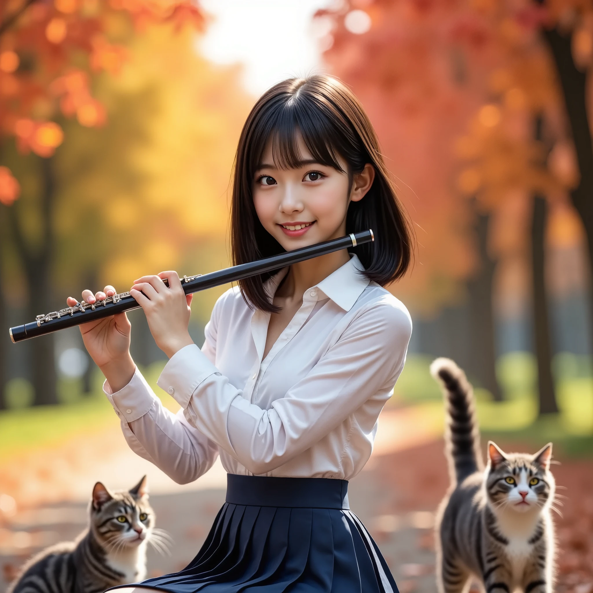 (masterpiece, Best Quality, Ultra-realistic:1.2), One Girl, Playing the flute in a beautiful autumn park, 18 years old,   Beauty, Beautiful slim figure, (Super cute idol-like face), Large eyes with double eyelids,  (Stray cats１Listen to her play), Perfect Face, Perfect Face, Perfect eyes with perfect symmetry, Very detailed, Genuine, High resolution, Happy expression, Beautiful breasts, Brown eyes,　(White shirt, Sailor school uniform, Navy blue pleated skirt:1.2), Beautiful legs,  smile, Black Hair、Slightly longer bob hair, With bangs, (Beautiful red and yellow leaves sparkle and fall in the sunlight.、Beautiful autumn leaves in the park),