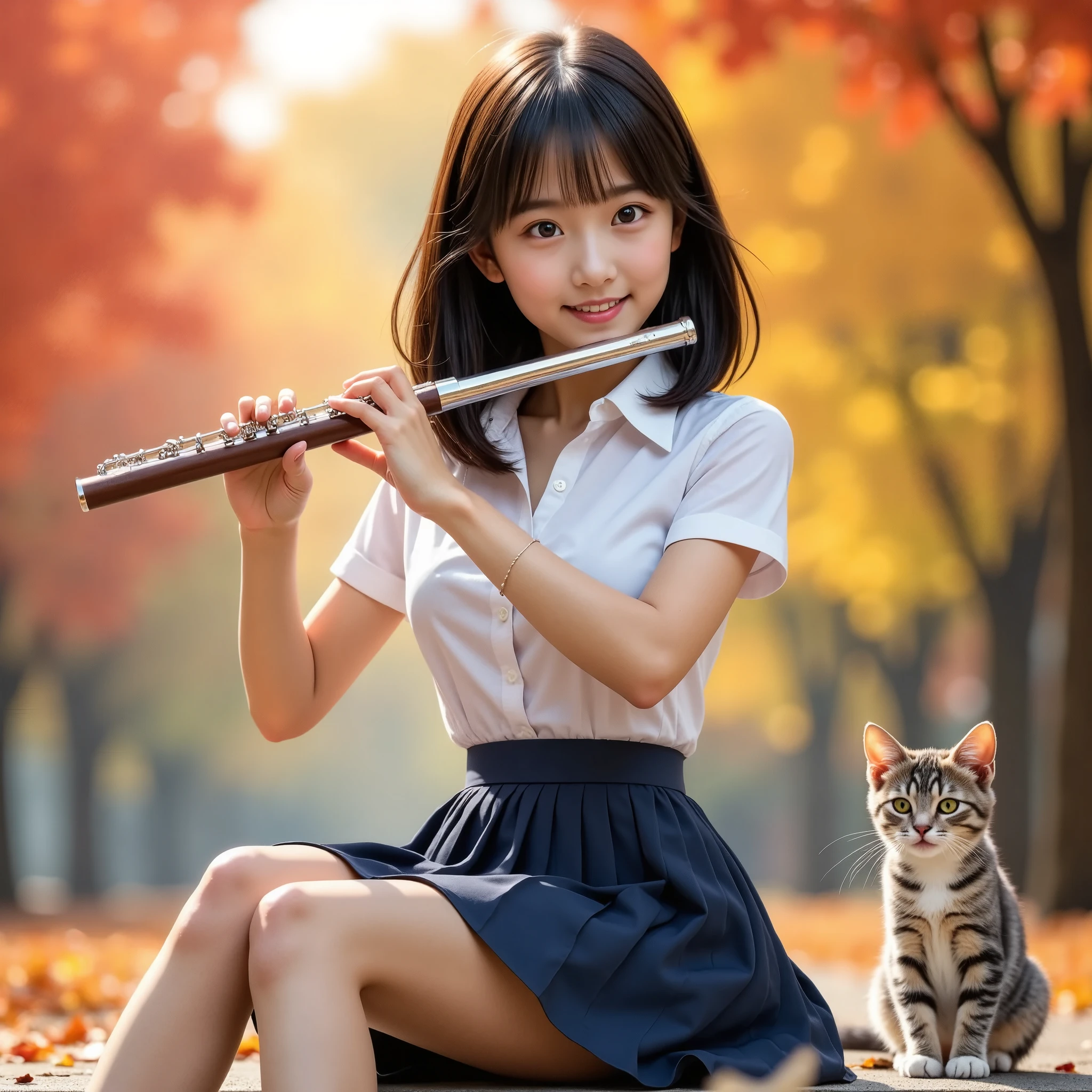 (masterpiece, Best Quality, Ultra-realistic:1.2), One Girl, Playing the flute in a beautiful autumn park, 18 years old,   Beauty, Beautiful slim figure, (Super cute idol-like face), Large eyes with double eyelids,  (Stray cats１Listen to her play), Perfect Face, Perfect Face, Perfect eyes with perfect symmetry, Very detailed, Genuine, High resolution, Happy expression, Beautiful breasts, Brown eyes,　(White shirt, Sailor school uniform, Navy blue pleated skirt:1.2), Beautiful legs,  smile, Black Hair、Slightly longer bob hair, With bangs, (Beautiful red and yellow leaves sparkle and fall in the sunlight.、Beautiful autumn leaves in the park),