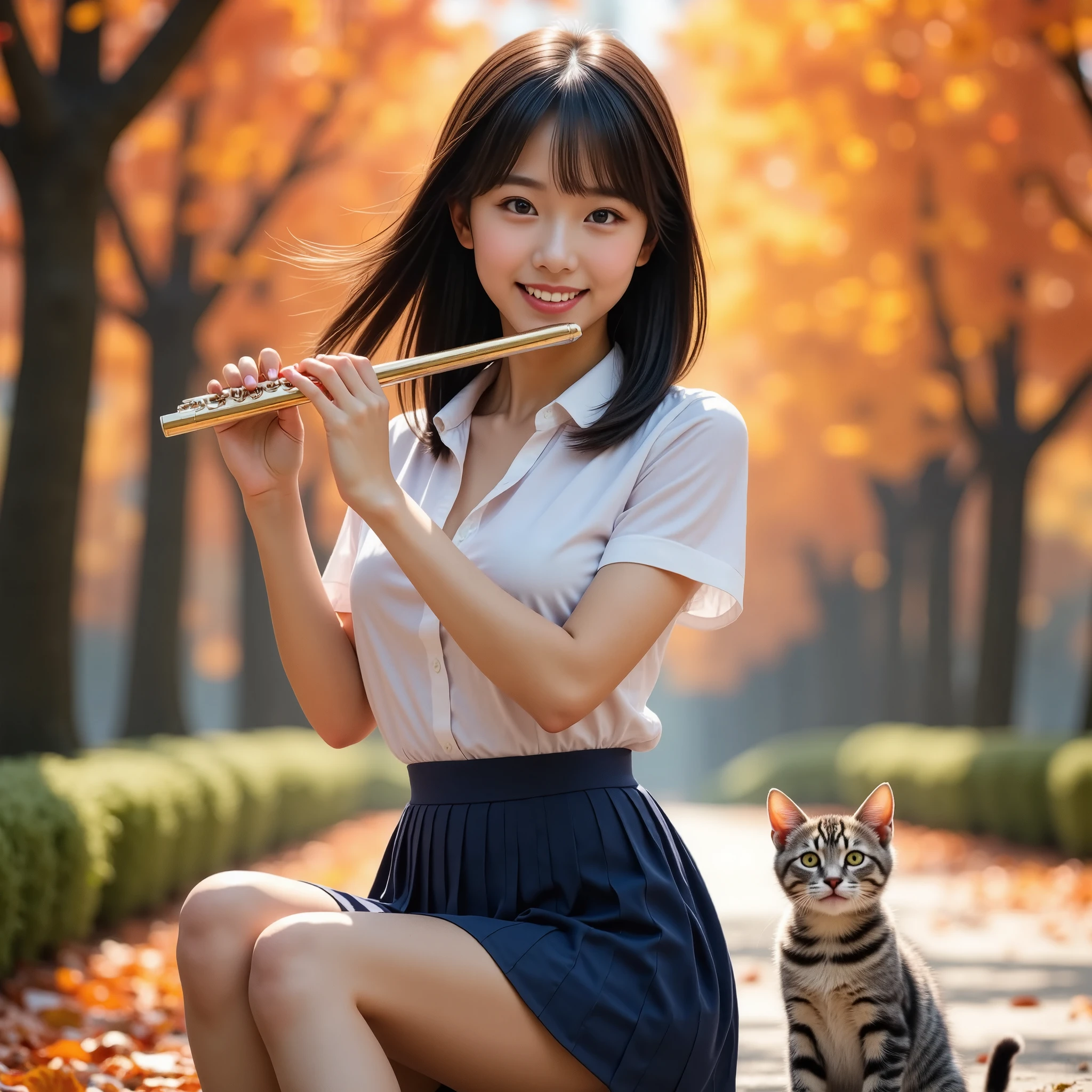 (masterpiece, Best Quality, Ultra-realistic:1.2), One Girl, Playing the flute in a beautiful autumn park, 18 years old,   Beauty, Beautiful slim figure, (Super cute idol-like face), Large eyes with double eyelids,  (Stray cats１Listen to her play), Perfect Face, Perfect Face, Perfect eyes with perfect symmetry, Very detailed, Genuine, High resolution, Happy expression, Beautiful breasts, Brown eyes,　(White shirt, Sailor school uniform, Navy blue pleated skirt:1.2), Beautiful legs,  smile, Black Hair、Slightly longer bob hair, With bangs, (Beautiful red and yellow leaves sparkle and fall in the sunlight.、Beautiful autumn leaves in the park),