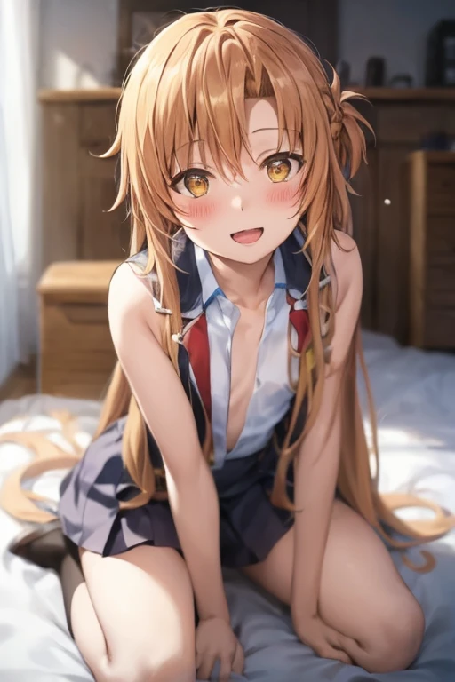 ((Best Quality)), ((masterpiece)), (be familiar with), Perfect Face, indoor, bedroom, Watching the audience,
One woman, Yuuki Asuna,
Open Mouth, Ecstatic expression, blush, smile,
Small breasts, Flat Chest, , , , Girl,
Long Hair, Long Hair,
Leg spread,