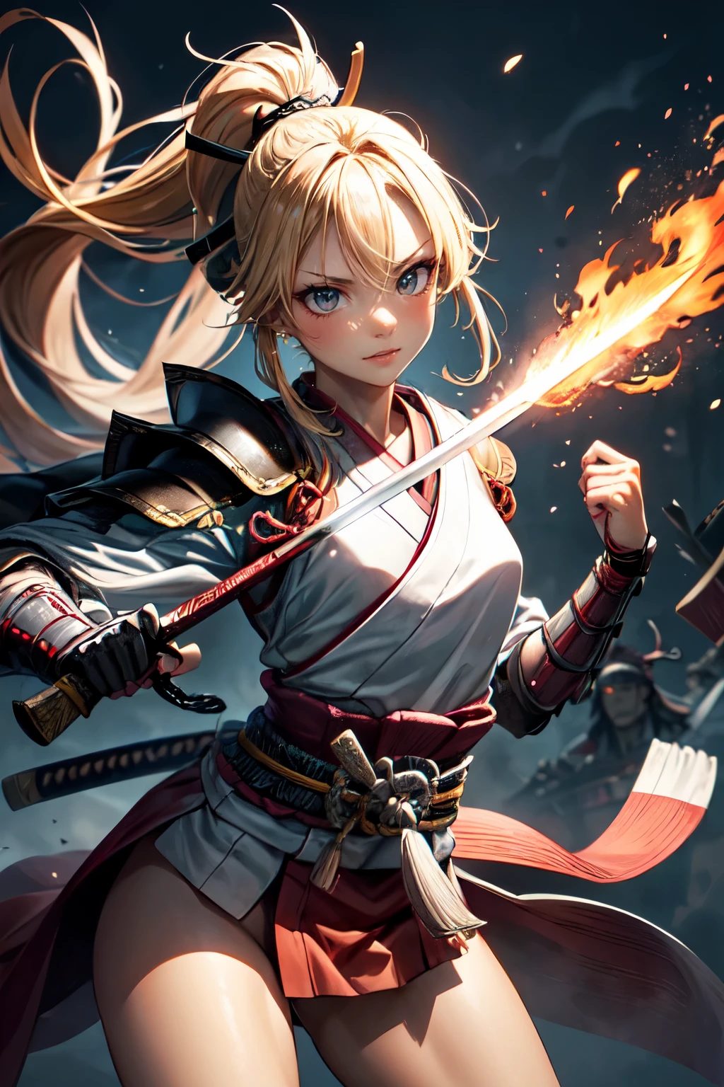 One Girl,anime,Anatomically correct, A series of character actions,,ponytail, masterpiece, Textured Skin, Action Painting, Heavy makeup, Brown Skin,Perfect Face,Perfect Eyes,Samurai,samurai,Sengoku Warlordsの鎧,Waist Armor,A blow with a sword,Small breasts,Thin thighs,Combat with enemies,Calm expression,Flame Attribute,Yellow Hair,Sengoku Warlords,Battle of Sekigahara,Glowing sword effect