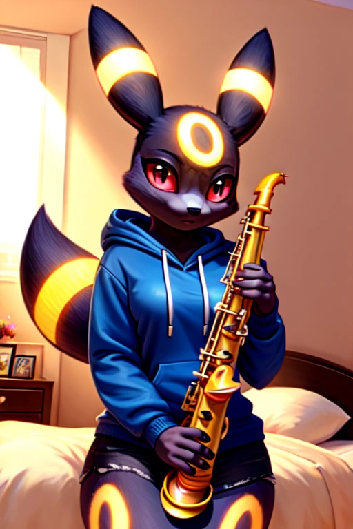 musician girl, looking at viewer, umbreon, morning bedroom background, pokemon girl in a hoody holding the saxophone, saxophone (musical instrument)