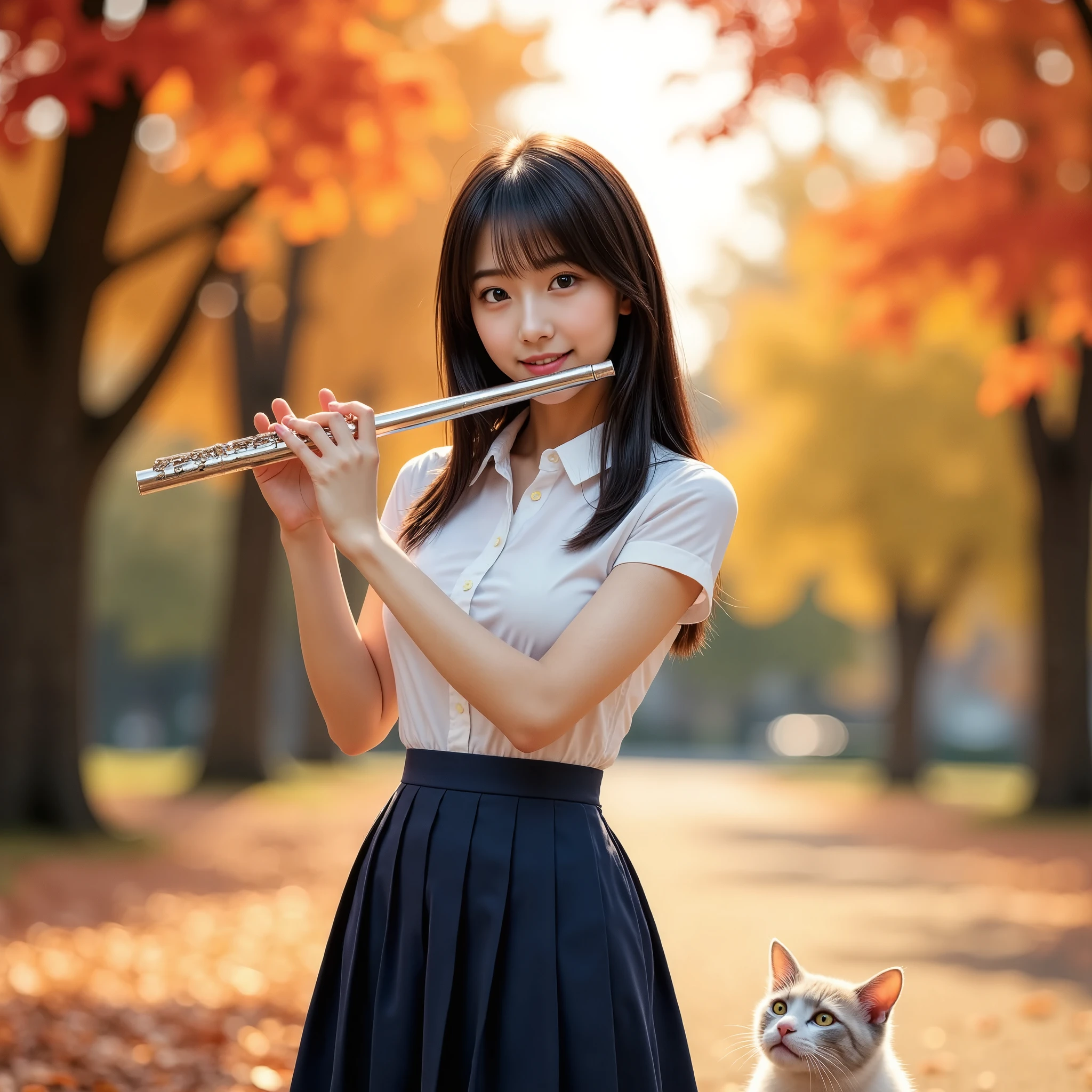 (masterpiece, Best Quality, Ultra-realistic:1.2), One Girl, Standing and playing the flute in a beautiful autumn park, 18 years old,   Beauty, Beautiful slim figure, (Super cute idol-like face), Large eyes with double eyelids,  (A stray cat listens to her performance), Perfect Face, Perfect Face, Perfect eyes with perfect symmetry, Very detailed, Genuine, High resolution, Happy expression, Beautiful breasts, Brown eyes,　(White shirt, Sailor school uniform, Navy blue pleated skirt:1.2), Beautiful legs,  smile, Black Hair、Slightly longer bob hair, With bangs, (Backlit by sunlight in the background、The beautiful red and yellow leaves sparkle as they fall.、Very beautiful autumn leaves:1.21.2),