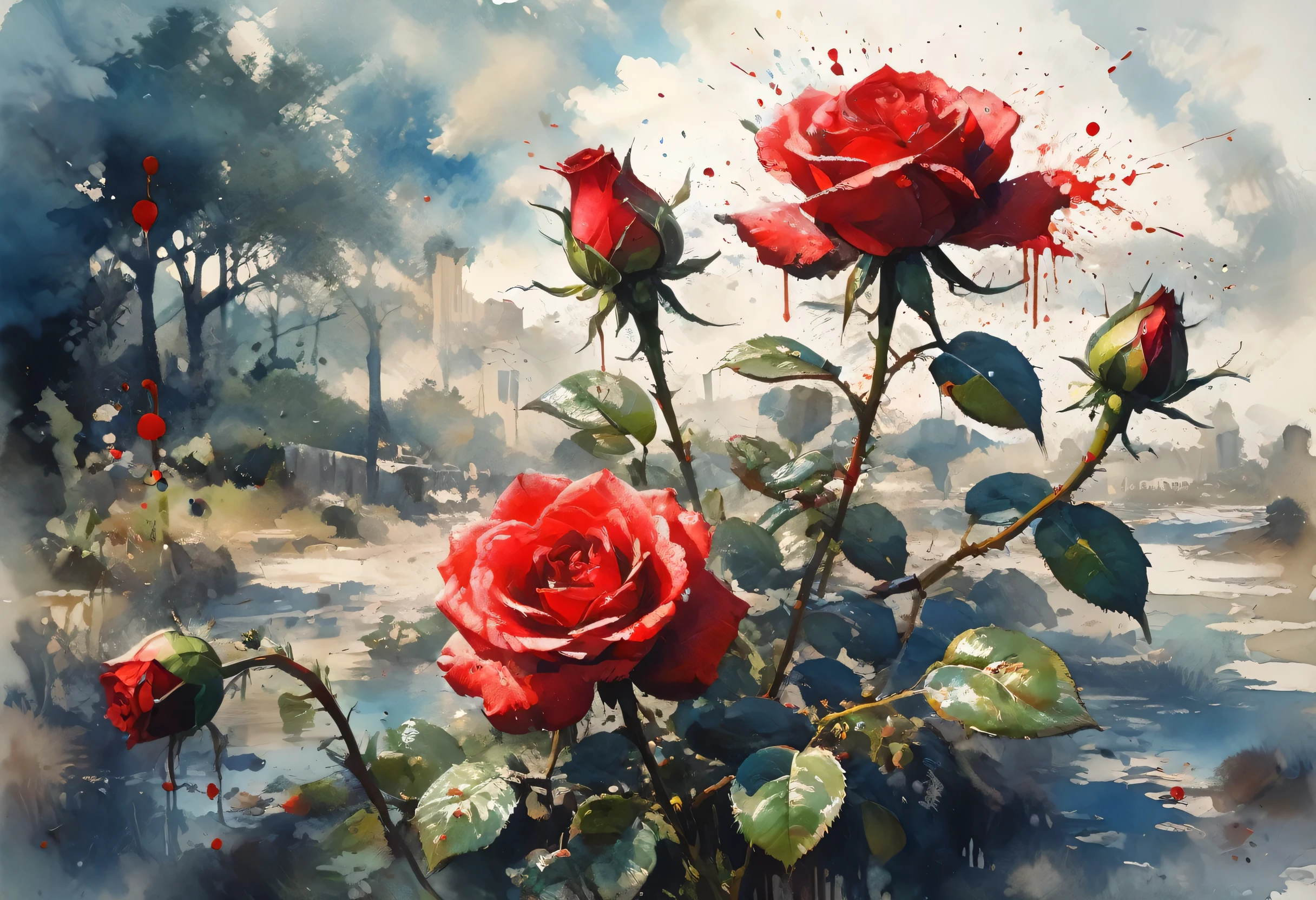 Red rose painting with splattered background and spray paint effect、By Eugene Zak、Watercolor Art、By Carr Lotz、watercolor、Watercolor style、Watercolor detailed art、By Ruben Tam、watercolor digital painting、watercolor、Stunningly detailed Watercolor、Watercolor Art、Grzegorz Rutkowski