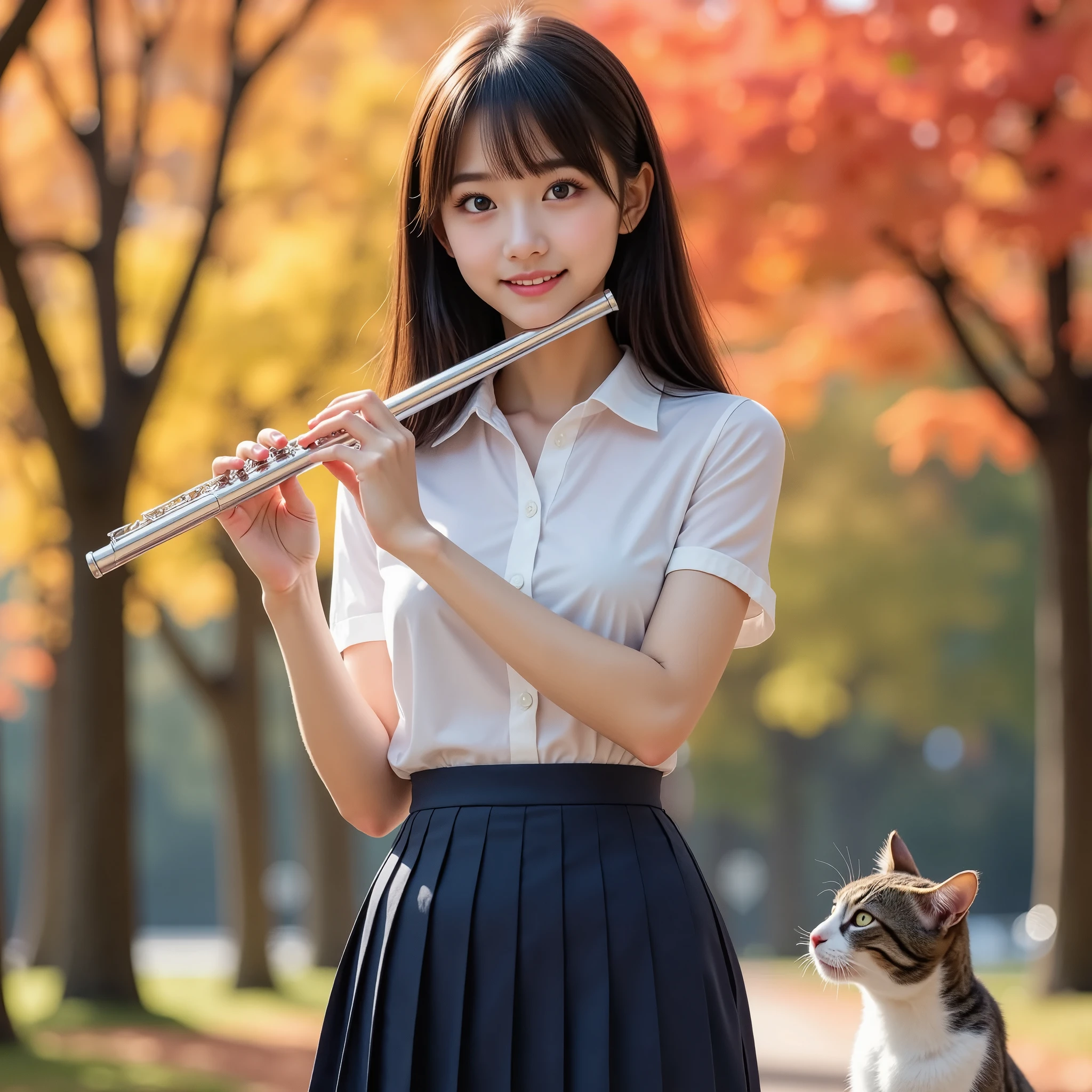 (masterpiece, Best Quality, Ultra-realistic:1.2), One Girl, Standing and playing the flute in a beautiful autumn park, 18 years old,   Beauty, Beautiful slim figure, (Super cute idol-like face), Large eyes with double eyelids,  (A stray cat listens to her performance), Perfect Face, Perfect Face, Perfect eyes with perfect symmetry, Very detailed, Genuine, High resolution, Happy expression, Beautiful breasts, Brown eyes,　(White shirt, Sailor school uniform, Navy blue pleated skirt:1.2), Beautiful legs,  smile, Black Hair、Slightly longer bob hair, With bangs, (Backlit by sunlight in the background、The beautiful red and yellow leaves sparkle as they fall.、Very beautiful autumn leaves:1.21.2),