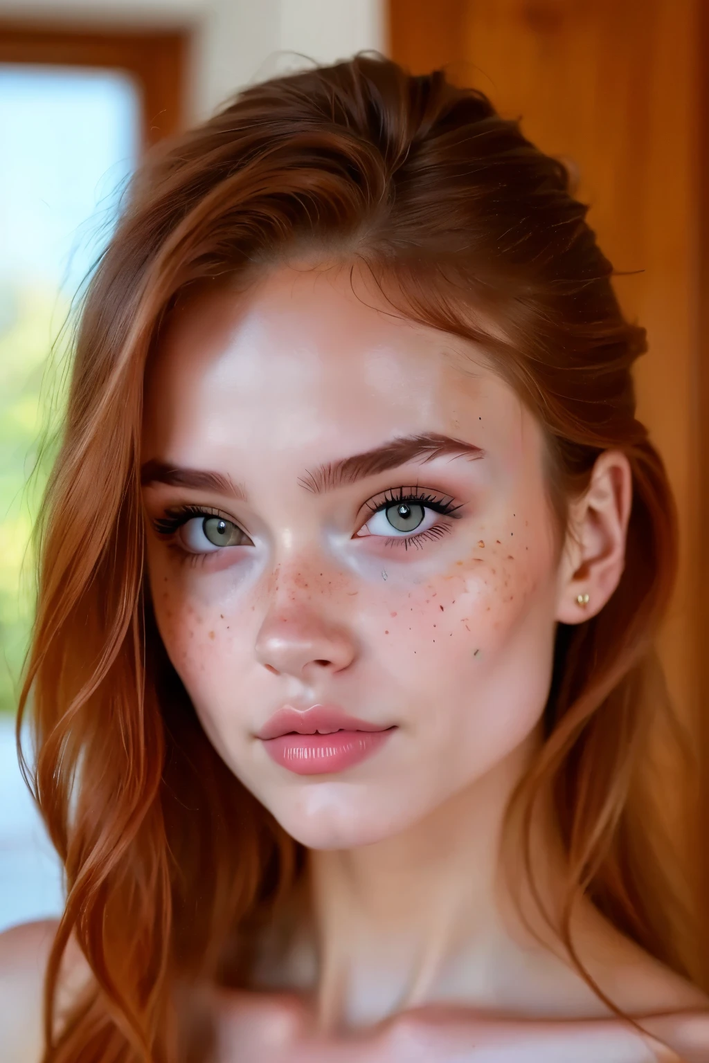 ((best quality)), ((masterpiece)), (detailed), perfect face realistic photo of beautiful woman with long ginger hair, ((aged 18:1. 4)), Russian, influencer, light freckles, dark brown eyes, big lips, no makeup, instagram. 