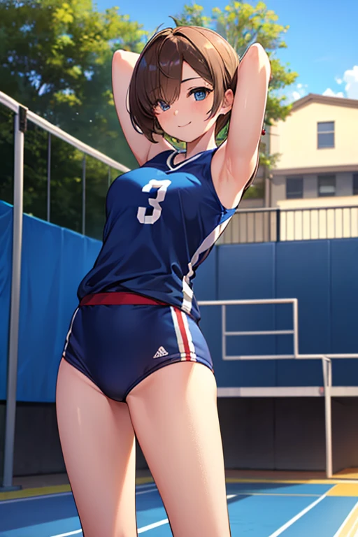 1girl, ultra high res, large chest, volleyball suit, thigh, ponytail, smile, tall