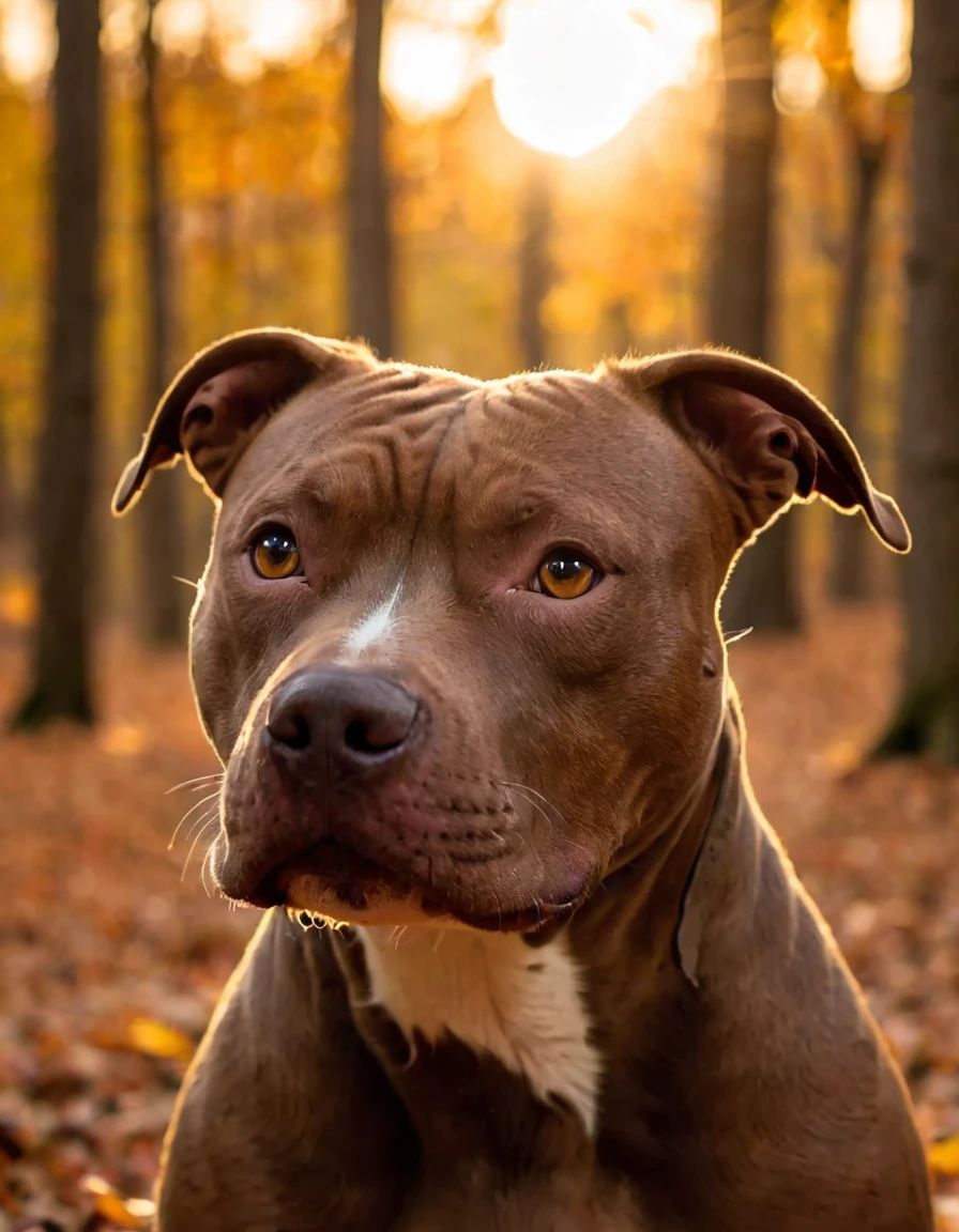 happy brown pitbull looking past the camera in a sunset Autumn forest, (epic, fantastic, natural lighting), (dramatic angle), portrait, profile view, perfect eyes, gold eyes, solo, sunset background, blurred background, (8k, masterpiece, best quality:1.2)