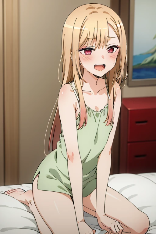 ((Best Quality)), ((masterpiece)), (be familiar with), Perfect Face, indoor, bedroom, Watching the audience,
One woman, Kitagawa Marin,
Open Mouth, Ecstatic expression, blush, smile,
Small breasts, Flat Chest, , , child, Girl,
Long Hair, Long Hair,
Leg spread,