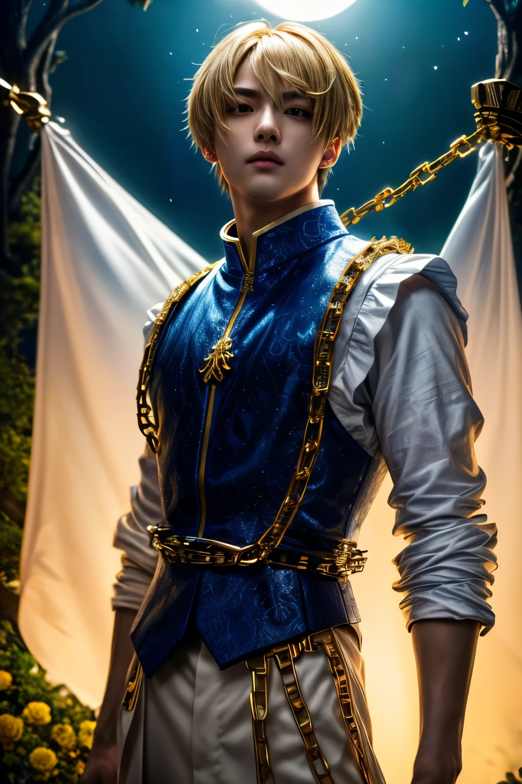 1boy, masterpiece, realistic, absurdres, best quality, high resolution, (Kurapika:1.3), japanese boy, very handsome, perfect face, cute face, intricate detail, clear and beautiful detailed eyes, messy blonde short hair, shiny hair, bangs, blue tabard, white shirt, gold trim, holdig a chain, chains flying, slim muscular, handsome muscle, detailed skin, perfect hand, good anatomy, looking at camera, action scene, dynamic pose, fantasy, night, tree, Moonlight at night, wilderness, flowers, skynight, studio lighting, soft light, upper body portrait, front view, Professional photography, 8K UHD,