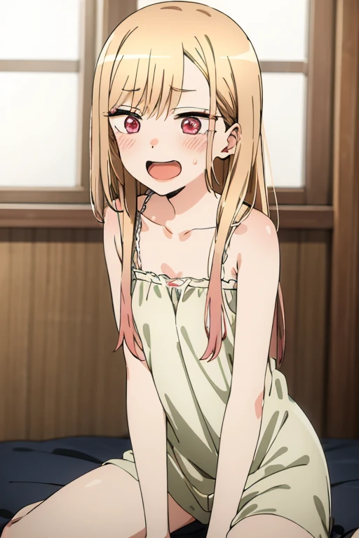 anzu futaba, ((topless, bottomless, completely nude, collarbone)), , blush, best quality, (masterpiece:1.2), highly detailed,1girl, solo, closed eyes, strong closed mouth,  looking at viewer, , cum in pussy, pussy juice, on the bed, blush, sweat, , , slender, slim, flat chest, upper body, 1girl, hetero, 1boy, penis, sex, spread legs, vaginal,  missionary, lying, on back, legs up, ((hands between legs)), pov, crying