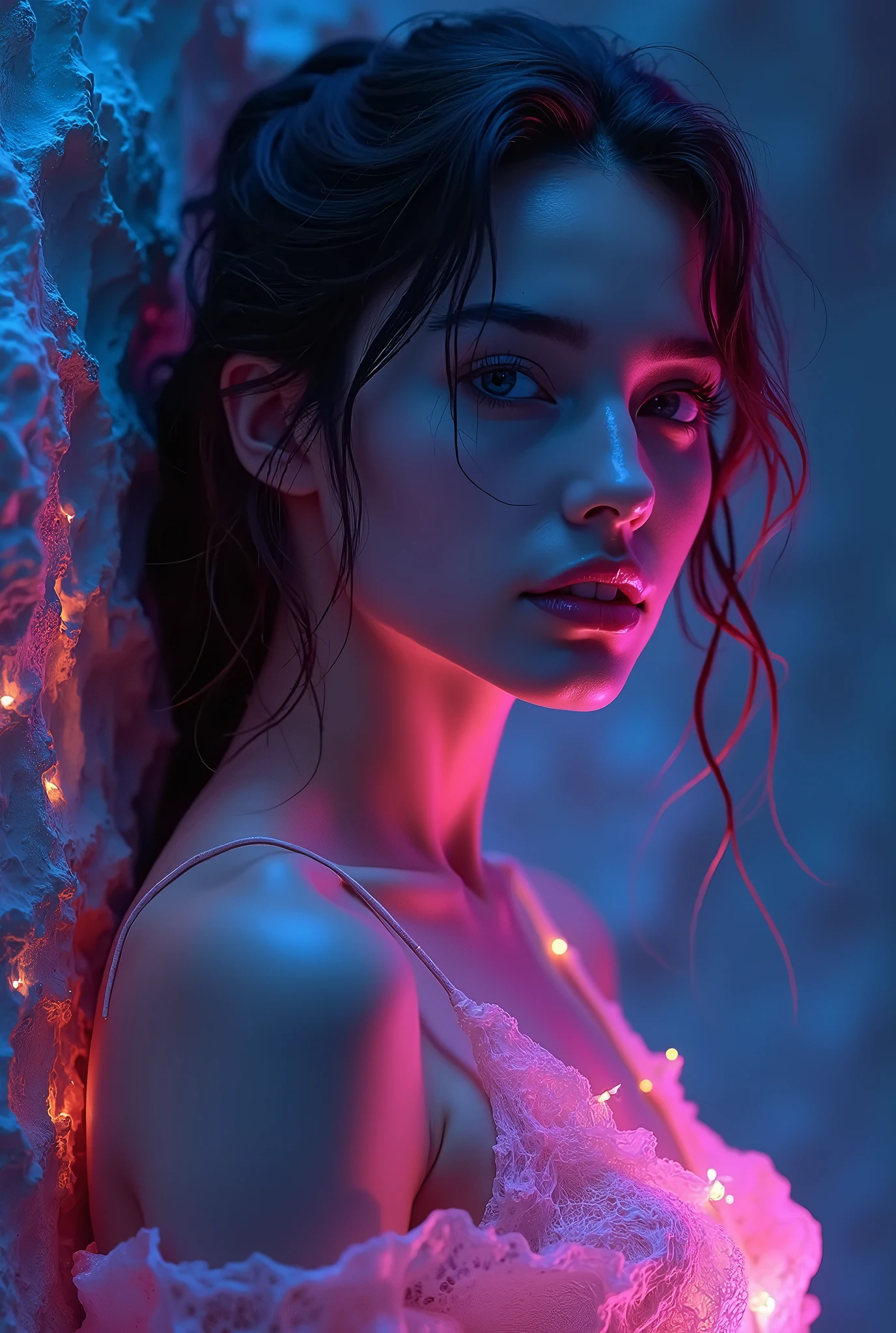 A luminous silhouette of a serene woman bathed in soft pink bioluminescence emerges from an intricate copper-toned backdrop, blending seamlessly into the surrounding darkness. The scene is shrouded in mystery, with luminescent highlights adding depth and texture to her ethereal form. In high-resolution detail (32K), precise brushstrokes evoke a surreal digital painting, replete with realistic textures, accurate color correction, and harmonious composition.A stunning 8K wallpaper! Here's your prompt: Vibrant Australian girl with multicoloured hair stands tall in a dynamic pose against a mesmerizing backdrop of colourful paint splashes on transparent glass. Her raw, hand-drawn style illustration features intricate details and subtle glow on her beautiful face and eyes. Against the caustic lighting, she radiates confidence and energy, set amidst a seamless 8K RAW background. Hinata, a breathtaking beauty with striking features, poses confidently in soft, golden lighting that highlights her white eyes and frames her black hair in a gentle glow. Crisp dimension showcases the intricate texture of her long locks and delicate curves of her transparent bodysuit. She stands out against a blurred studio backdrop, piercing blue eyes locking onto the viewer with direct intensity. Her luscious locks are tied up in an intricate updo hairstyle, showcasing her flawless complexion. Mega tits studio lighting casts a flattering glow on her chiseled features and statuesque figure, highlighting every curve of her flawless body. The overall effect is sultry and seductive.