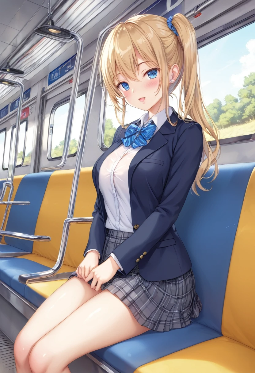 pov, Clover, sitting, inside a train, skirt, bare shoulders, crossed legs, blushing, blue eyes, blonde, dick flash, hairy penis, foreskin