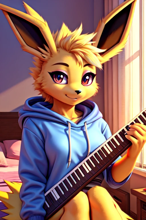 musician girl, looking at viewer, jolteon, morning bedroom background, pokemon girl in a hoody holding the balalaika, balalaika (musical instrument)