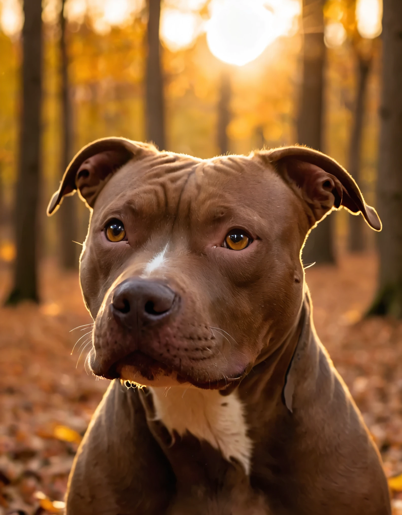 happy brown pitbull looking past the camera in a sunset Autumn forest, (epic, fantastic, natural lighting), (dramatic angle), portrait, profile view, perfect eyes, gold eyes, solo, sunset background, blurred background, (8k, masterpiece, best quality:1.2)