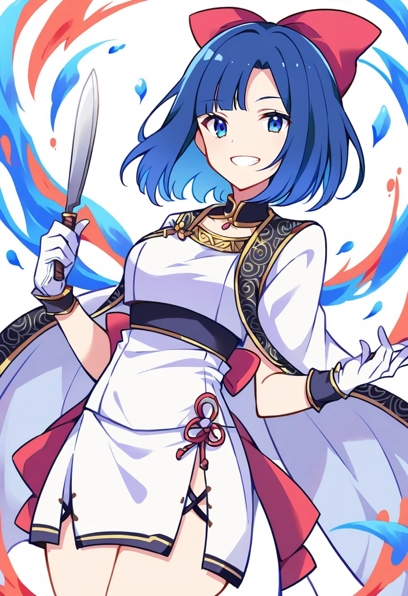 1girl, Solo, white outfit, kunoichi oufit, blue hair, Hair Bow, white gloves, holding knifes, smile,