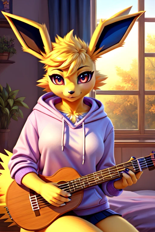 musician girl, looking at viewer, jolteon, morning bedroom background, pokemon girl in a hoody holding the russian balalaika, balalaika (musical russian instrument)