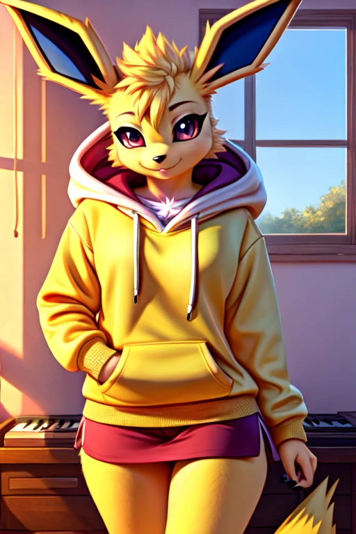 musician girl, looking at viewer, jolteon, morning bedroom background, pokemon girl in a hoody holding the balalaika, balalaika (musical instrument)