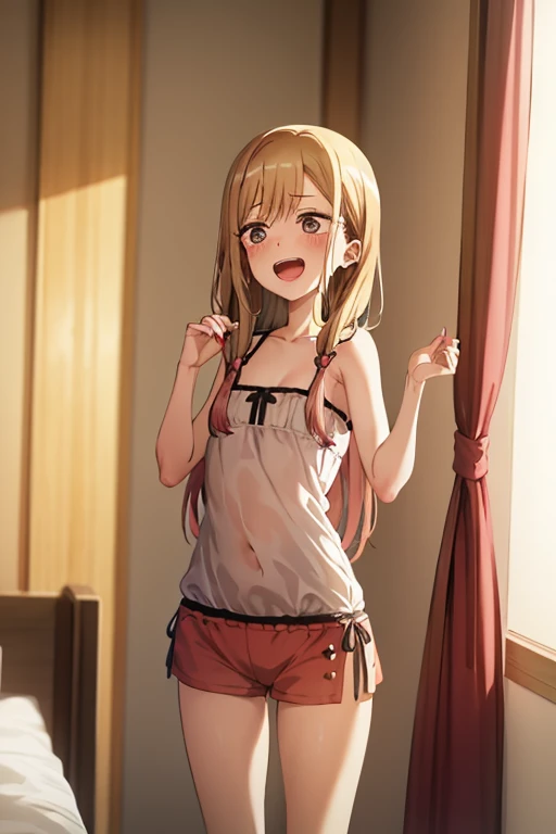 ((Best Quality)), ((masterpiece)), (be familiar with), Perfect Face, indoor, bedroom, Watching the audience,
One woman, Kitagawa Marin,
Open Mouth, Ecstatic expression, blush, smile,
Small breasts, Flat Chest, , , child, Girl,
Long Hair, Long Hair,
Leg spread,