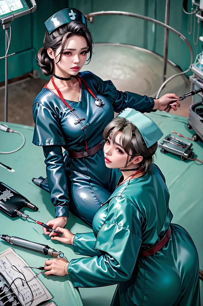 nurse uniform,hospital, latex nurse suit,nurses,busty,elbow gloves,labcoat,black hair woman,red eyes , gigantic ,medical instruments,asian nurse,two nurses,speculum,examination room,oversize ,big ass ,strap on, lay on table ,legs spreaded,giving birth,gyno chair , dentist,Milf,latex,red uniform,oversize breasts,diaper