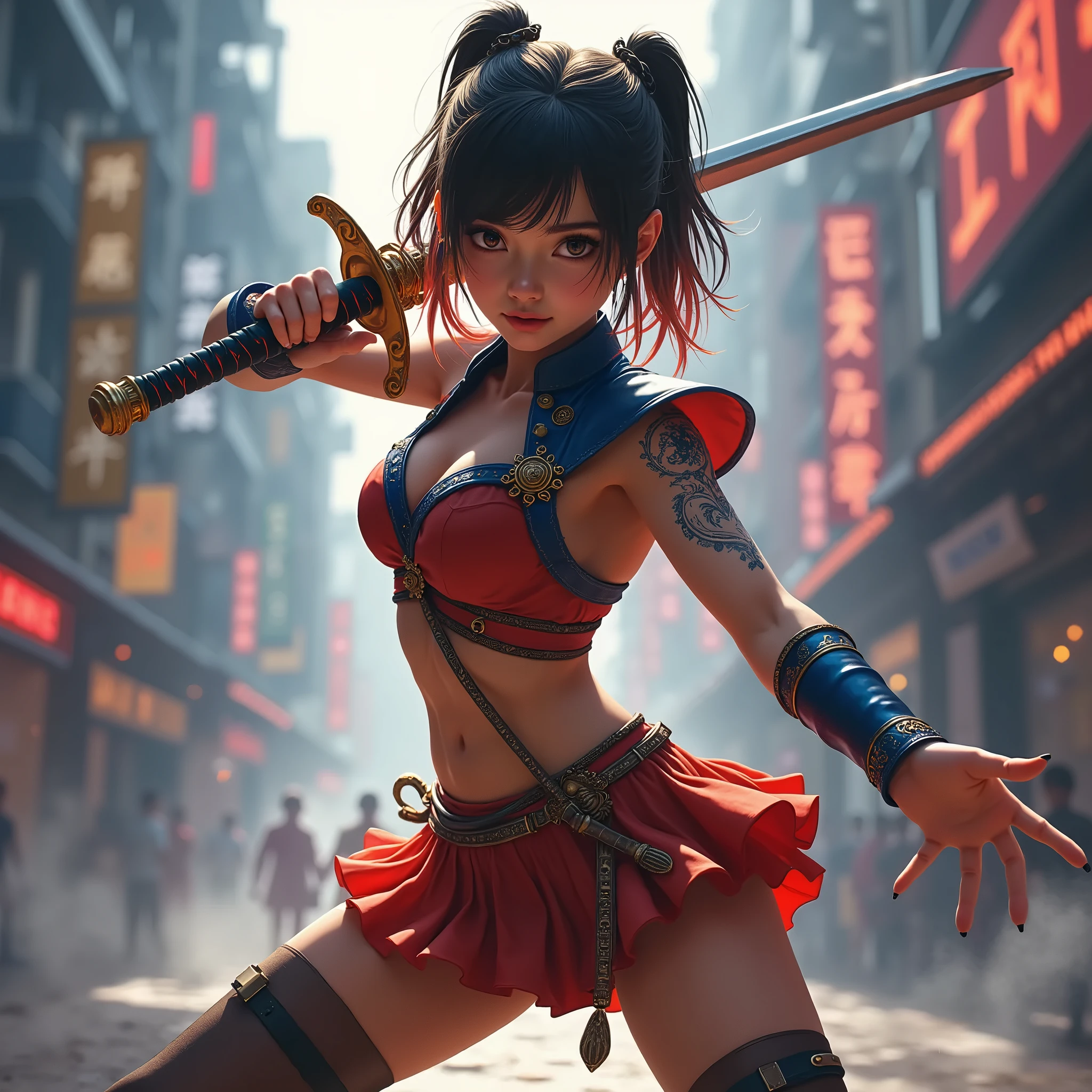 Street Fighter beauty character concept strong, ((14 years old)) oriental fashion girl, ((super small breasts)), slender waist, thick thighs, wearing a feminine dress with lace, (((jumping volley kick))), masterpiece, best quality, super detail, ground, destroyed city background, shadows, contrast, clear sky, (see viewer: 1.2) (skin texture) blurred background --auto --s2