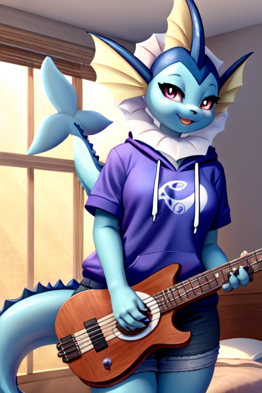 musician girl, looking at viewer, vaporeon, morning bedroom background, pokemon girl in a hoody holding the lyre, lyre (musical instrument)