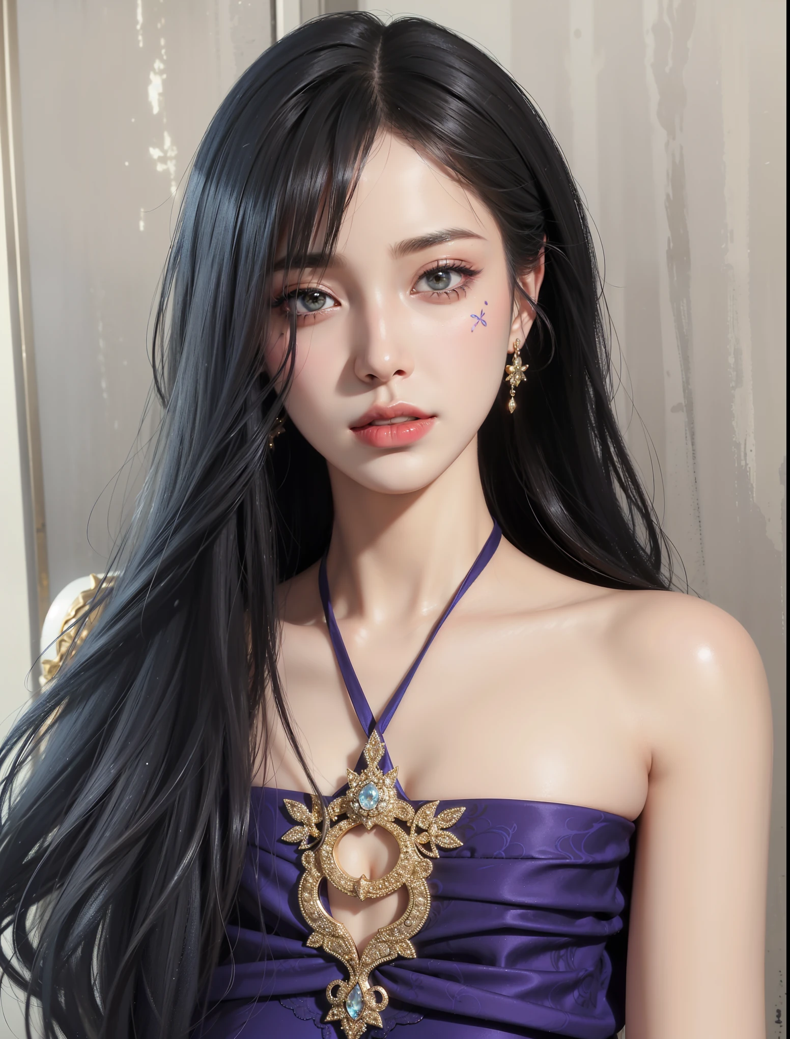 Female((30year old)), hair((wavy, black hair)), eyes((big eyes, Violet eyes)), clothes ((velvet, crop-top)), accessories ((topaz necklace)), gigantic breast, gigantic breast, korean makeup look, smiling, blank background, blank background, red lips, 