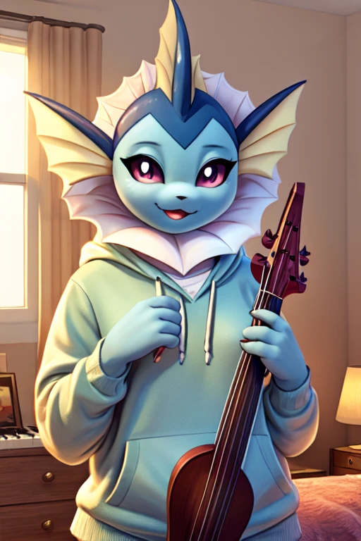 musician girl, looking at viewer, vaporeon, morning bedroom background, pokemon girl in a hoody holding the small harp, arf (musical instrument)