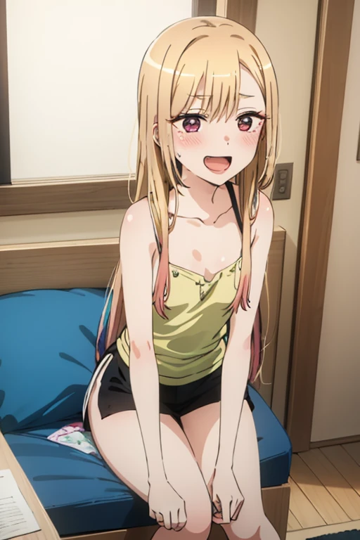 ((Best Quality)), ((masterpiece)), (be familiar with), Perfect Face, indoor, bedroom, Watching the audience,
One woman, Kitagawa Marin,
Open Mouth, Ecstatic expression, blush, smile,
Small breasts, Flat Chest, , , child, Girl,
Long Hair, Long Hair,
Leg spread,