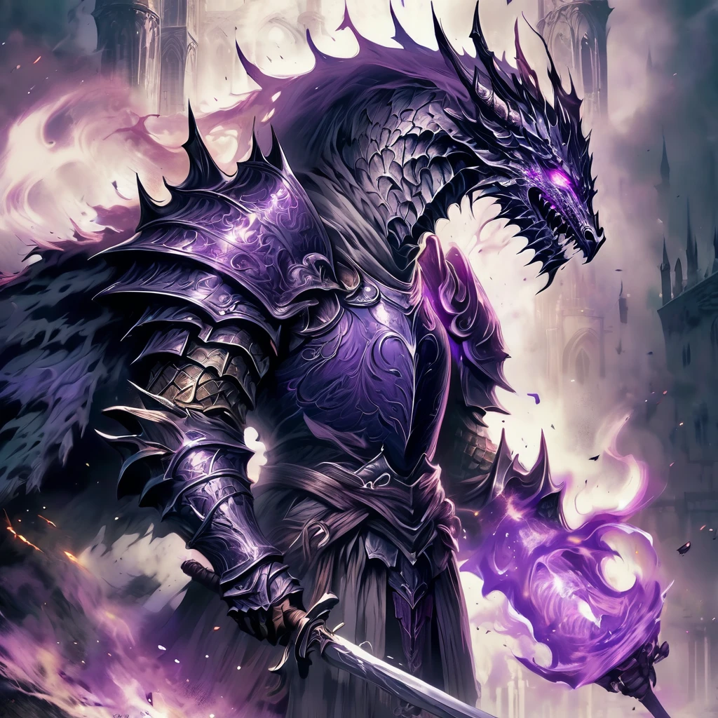 Best Quality, masterpiece, Ultra-high resolution, (Photo Real:1.4), Dark Souls Boss,White Dragon Knight、Purple aura、Purple Smoke