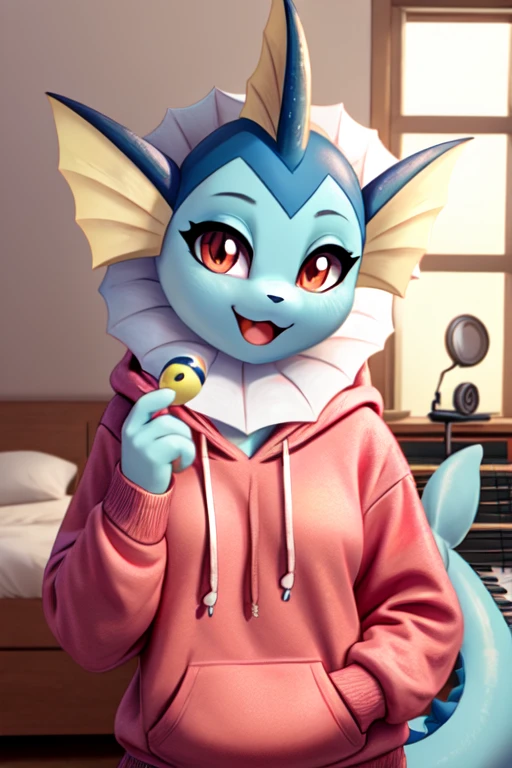 musician girl, looking at viewer, vaporeon, morning bedroom background, pokemon girl in a hoody holding the maracas, maracas (musical instrument)