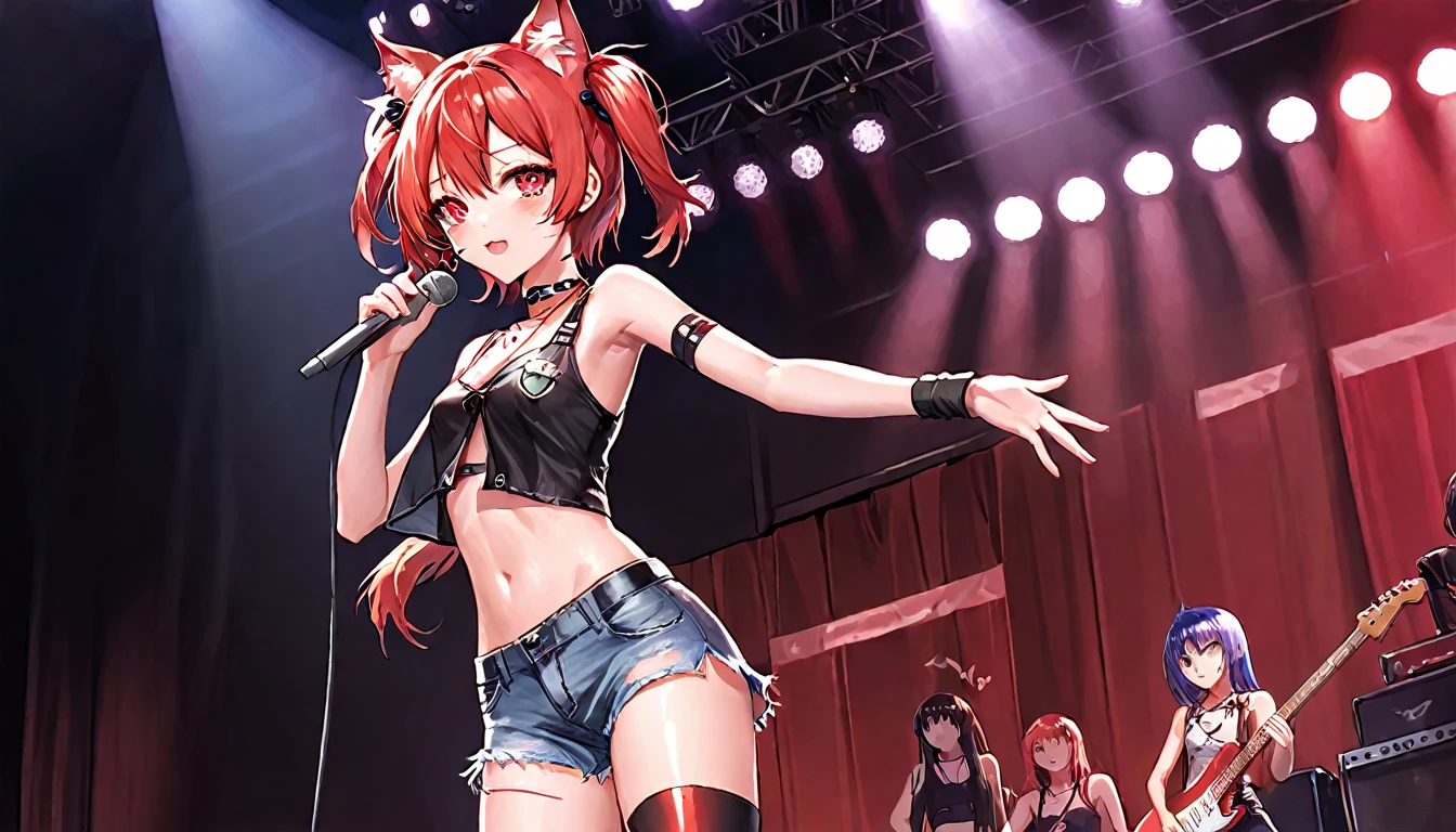 female, solo, cat ears, cat tail:1.3, singing, microphone, ((on stage)), standing over audience, audience, black hair, red hair-tips, twin tails, teenager, red eyes, clear eyes, slit pupils, earrings, hair clip, necklace, crop top, denim pants, hotpants, choker, thigh-high socks, beautiful legs, juicy thighs, light skin, masterpiece, live music venue, young, skindentation