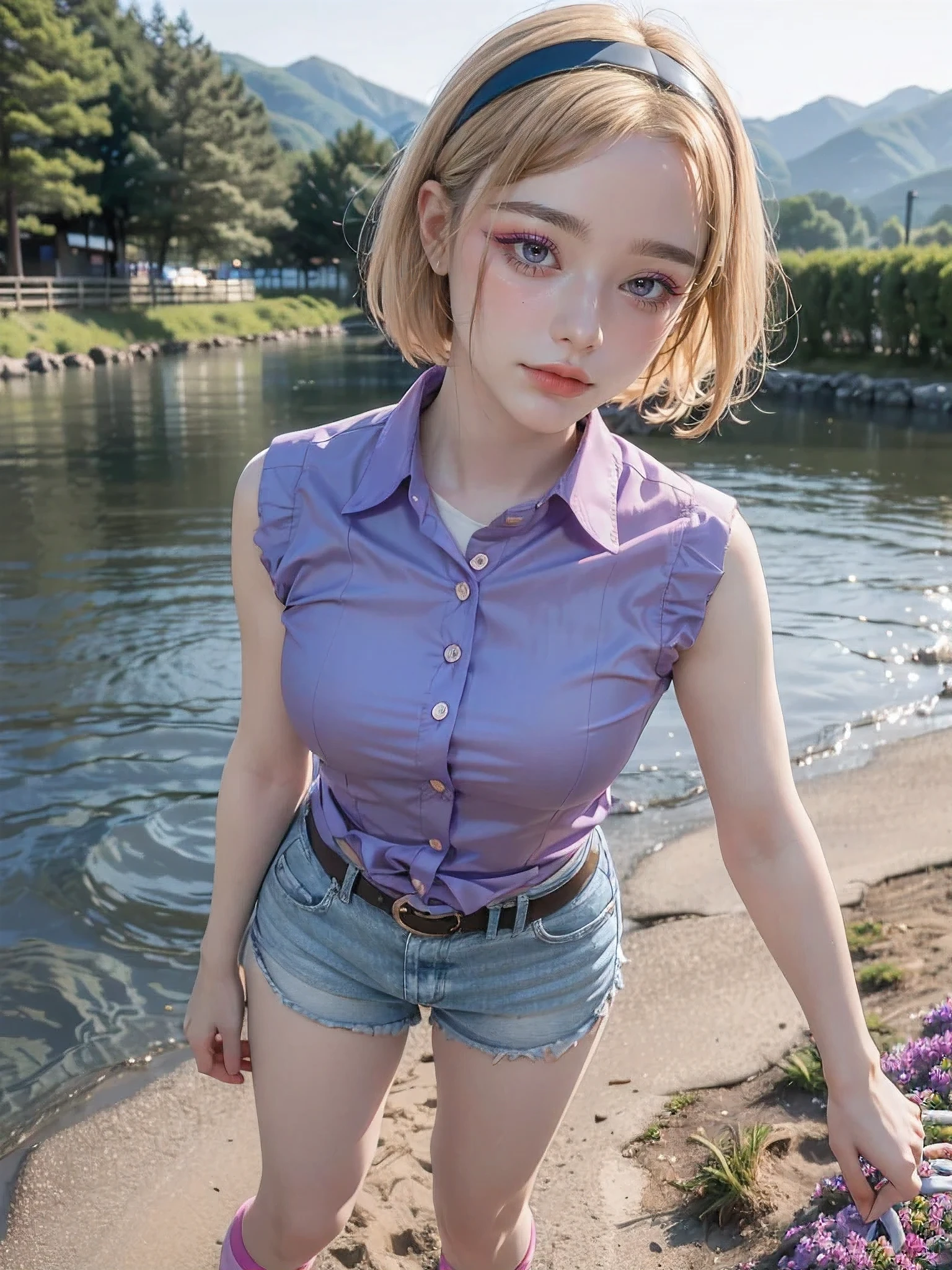 1 woman, mature woman, solo, NOT DASHA TARAN, full body standing, perfect body, best quality, 32k, photograph, full body (head to toe), tone mapping, ((houjou satoko,short hair,black hairband,blonde hair,violet eyes,hair between eyes,collared shirt,sleeveless shirt,pink shirt,shirt tucked in,mid sized breasts,belt,short shorts,blue shorts,white socks,pink footwear, athletic, big woman)), asian-european, ((golden blonde hair, short hair, purple eyes)) perfectly drawn hands, ((masterpiece)), ((highres)), ((detailed background)), japanese village background, next to a river, (big proportions), cute pose, smiling, ((perfect eyes, detailed eyes, realistic eyes)), ((sharp face, detailed face, realistic face, natural skin, realistic skin, detailed skin, pores)),
