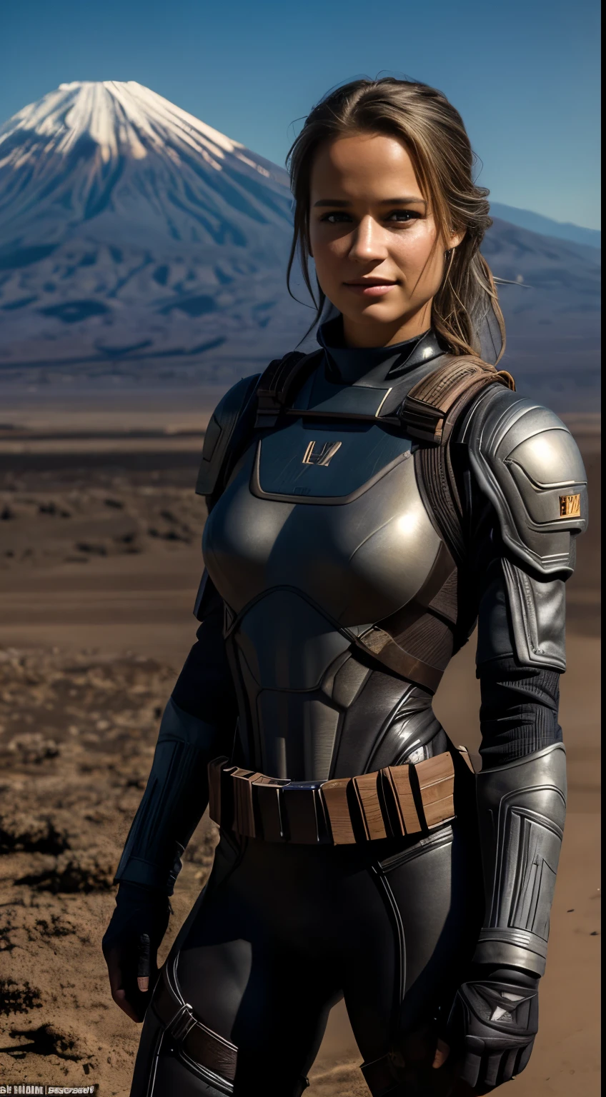 realistic photo in 8k of a 30-year-old female, brown hair, slicked in tight ponytail, dressed in a black RPG warrior mandalorian full body armor, standing in the middle of desert with the sniper rifle held to her face, shooting to the target outside the frame, hyperdetailed face, profile picture of whole body, expression of focus, art style realistic star wars, raw photo, shallow depthbof fields