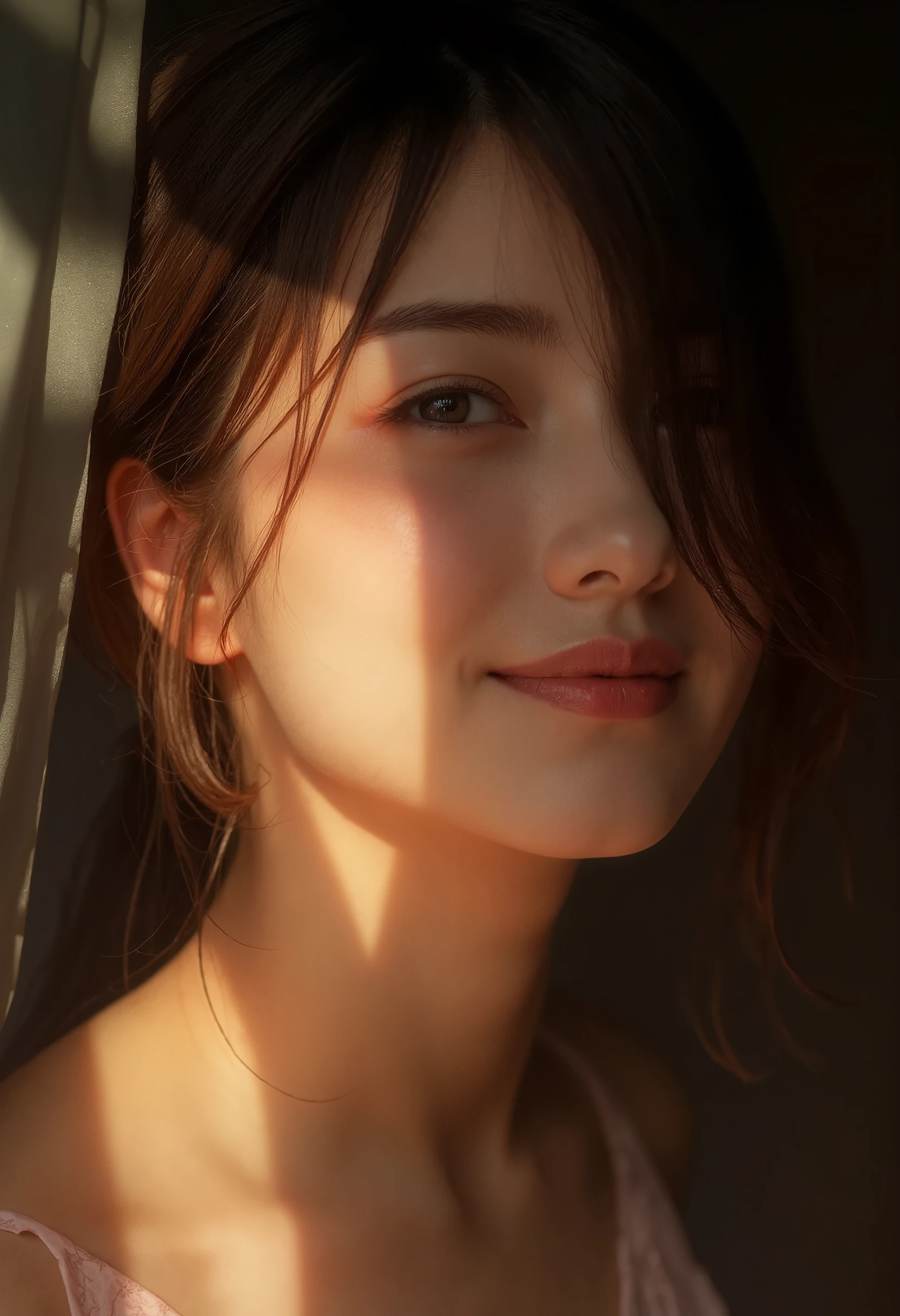 A beautiful east asian woman is smiling joyfully, face focused, show her face with the extremly detailed skin , soft lighting , half dark,