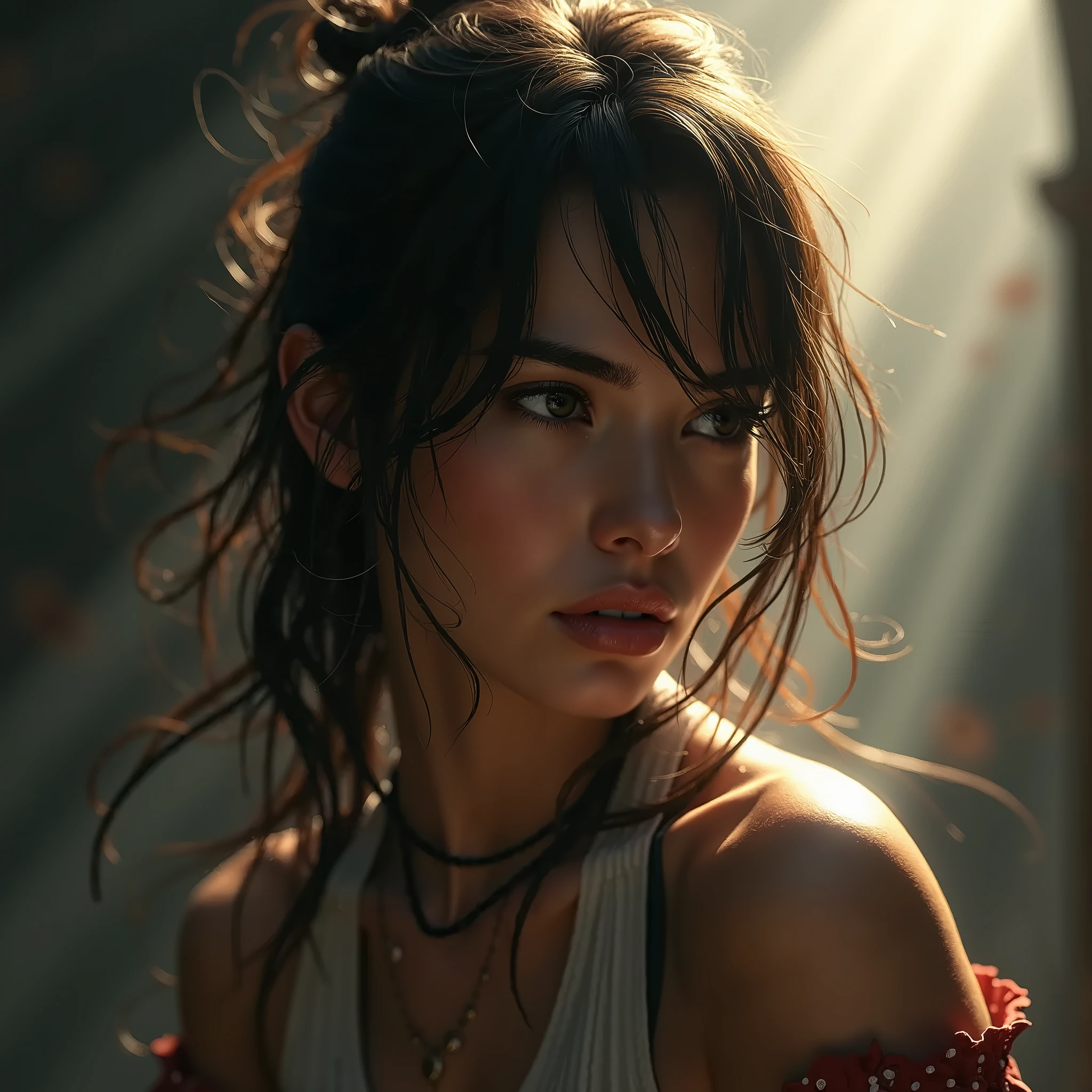 DSLR, F/2.8, Lens Flare, 5D, 16k, Super-Resolution . realistic style, key visual, vibrant, studio realistic, highly detailed A surprised whimsical girl clutched in red towel standing in a vintage bathroom, perfect ???????, ,DSLR, F/2.8, Lens Flare, 5D, 16k, Super-Resolution . realistic style, key visual, vibrant, studio realistic,,highly detailed, graphic 3d model, render, comic art, graphic novel art, vibrant, detailed character design, high contrast, (cowboy shot), masterpiece. [The sceneis surrounded by mist, evoking a mysterious and eerie atmosphere. The lighting is dark and atmospheric, with smoke adding a touch of sinister ambiance. Best quality image, HDR enhancement, showcasing the utmost level of detail and realism, full body shot:1.5]. [8K, Best Quality, Ultra High Resolution, (highly detailed CG unity 8k wallpaper), (best photo), (best shadows), isometric 3D, octane rendering, ray tracing, highly detailed, (Best quality, 4K, 8k:1.2), absurdity, ultra detailed, (realistic, photorealistic, photorealistic:1.37), complex parts, HDR, (complex parts:1.12), (hyper detailed, hyper realistic, Soft lighting, spicy:1.2), (complex parts, Hyper detailed:1.15). Blurred foreground. (backlit), masterpiece, high quality, brightness, chromatic aberration, foggy smoke, shadows, contrast, clear sky, (warm hue, warm tone), high details, natural reflections]. (YES SFW), many details.