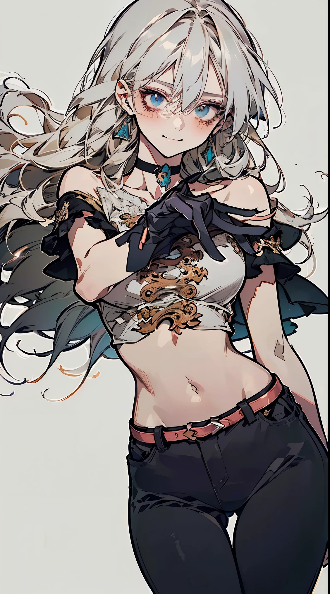 ((1 anime girl, amazing, cute girl)), (Masterpiece, Best quality, Beautiful and aesthetic:1.2),((Ultra-high resolution, Golden ratio)), (Physically-based rendering), city background, Sharp focus, (((high detail skin))), (Bright colors,illumination,mature,sexy,cropped shoulders,skinny pants, open waist), Intricately detailed clothing, Delicate pupils, Danfeng Eye,((((multicolor hair, detailed hair, long hair)))), Slender, (masterpiece side lighting), (Dynamic configuration: 1.2), dynamic pose, Perfect Anatomy, Eyeliner, nsfw, sharp eyes, choker, light smile, hair adornments, fit thighs, thigh gap, stylish, mature, silver pants, croptop, long hair, feminine, cool, queen, correct female anatomy